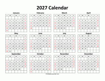 Free Printable Calendar 2027 Word PDF Excel