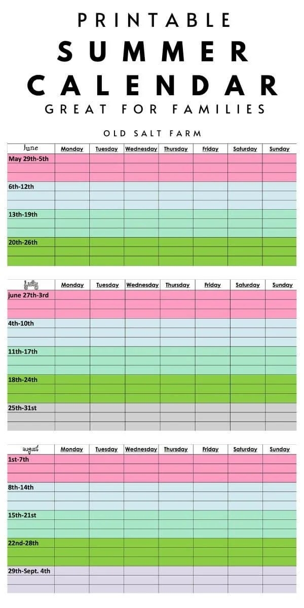 Free Printable Summer Calendar Printable And Enjoyable Learning