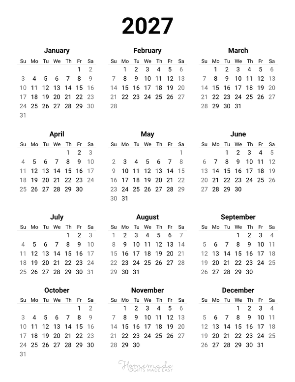Free Printable Year Calendar