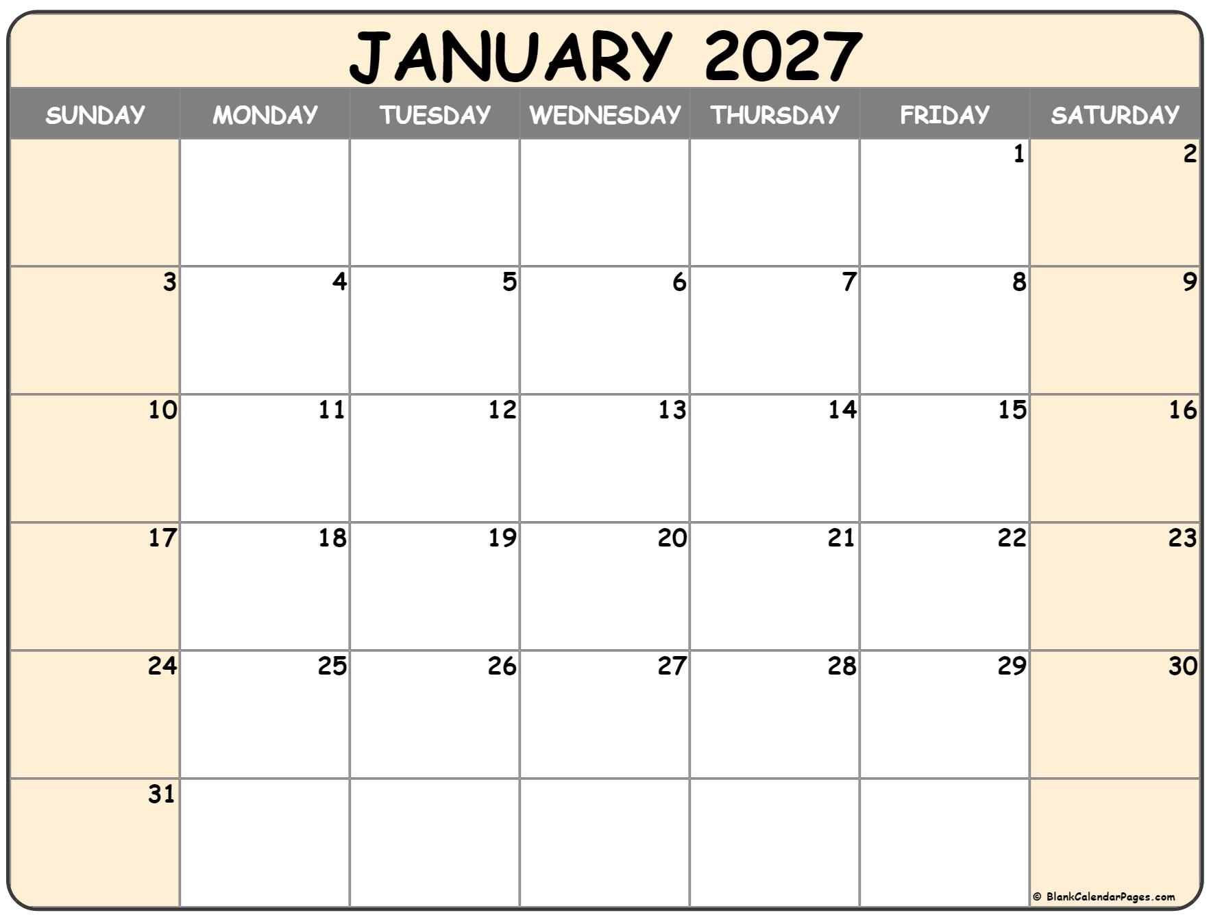 January 2027 Calendar Free Printable Calendars January 2027 Calendar Free Printable Calendars