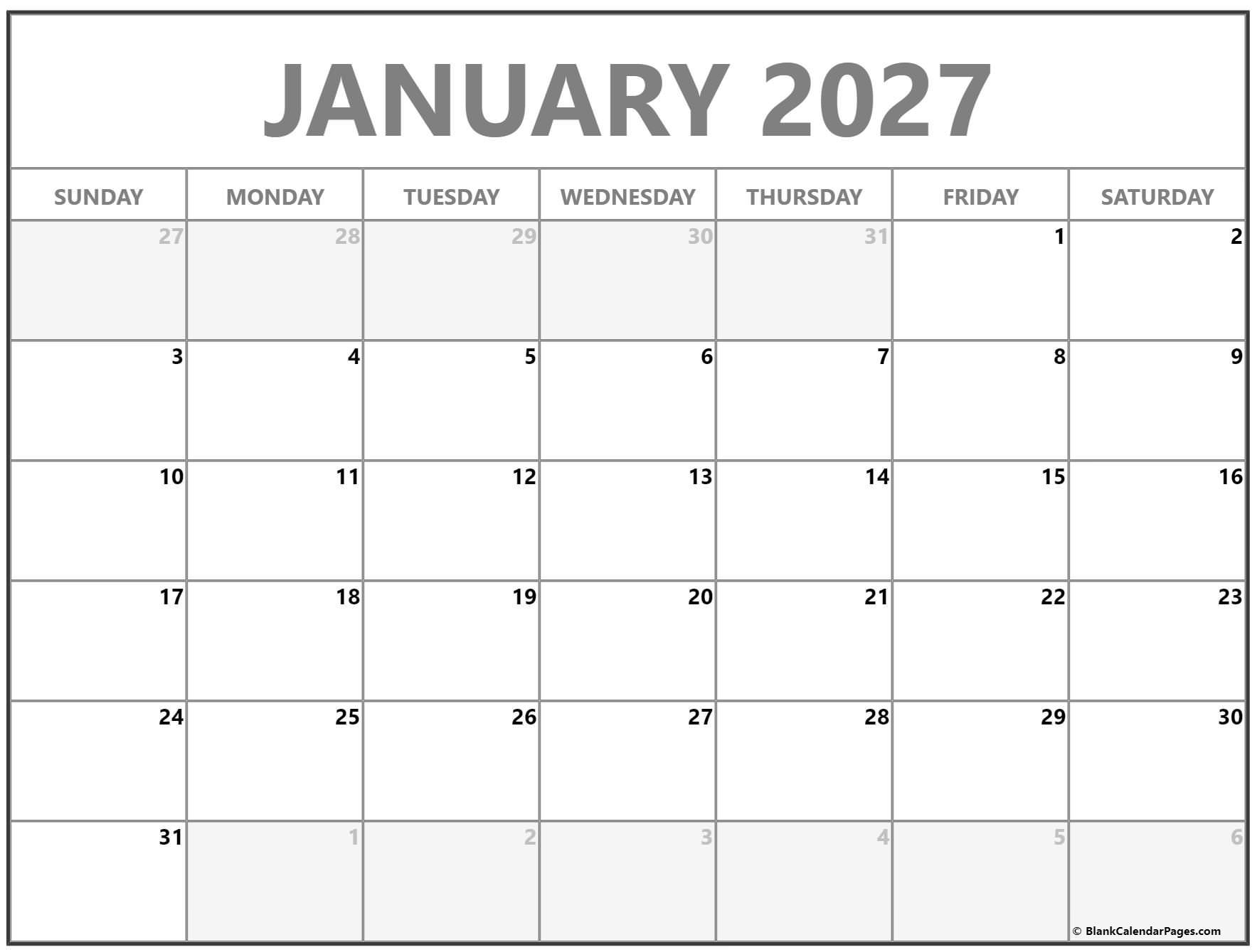 January 2027 Calendar Free Printable Calendars