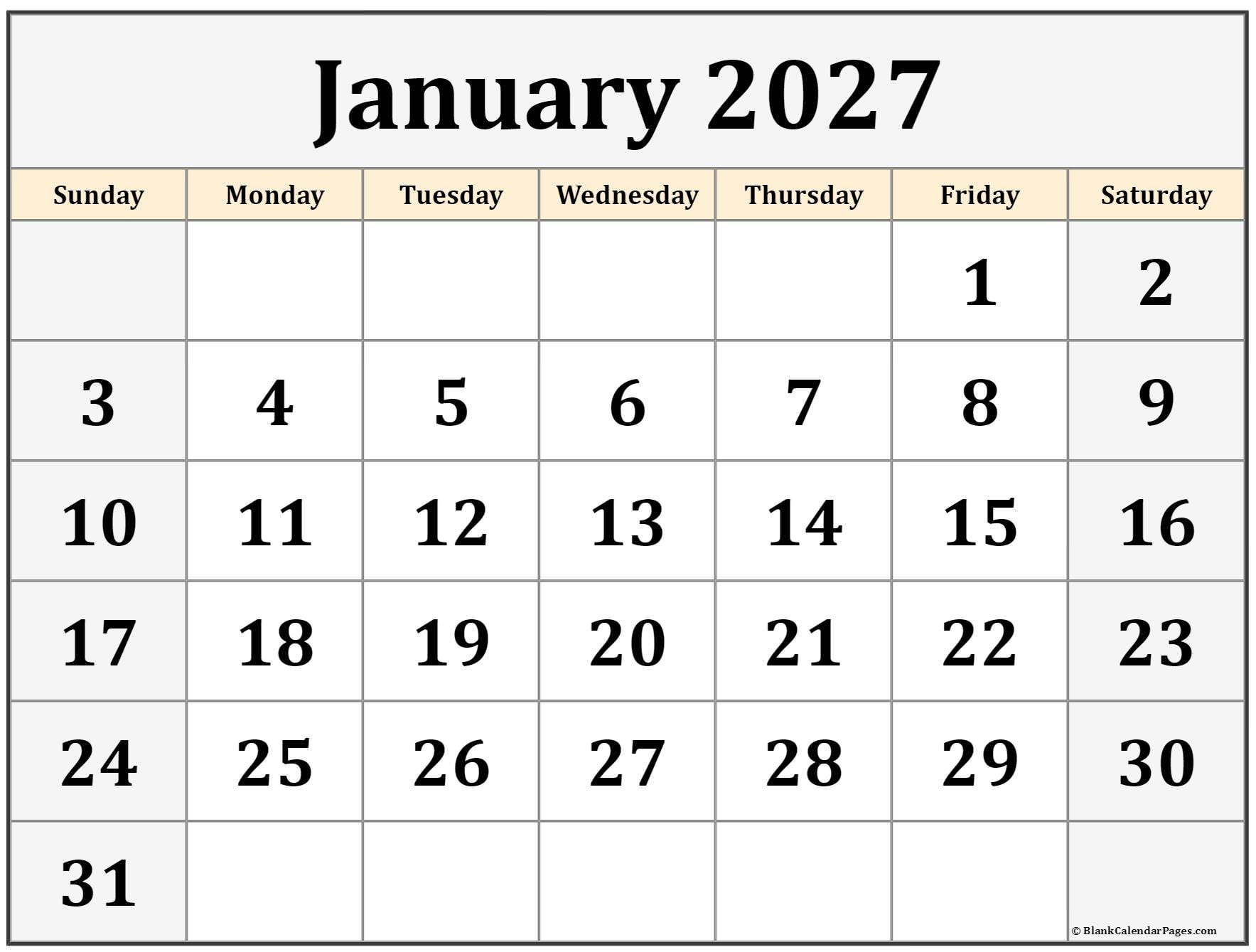 January 2027 Calendar Free Printable Calendars