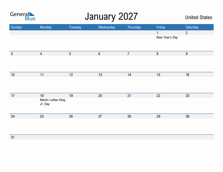 January 2027 Monthly Calendar With United States Holidays January 2027 Monthly Calendar With United States Holidays
