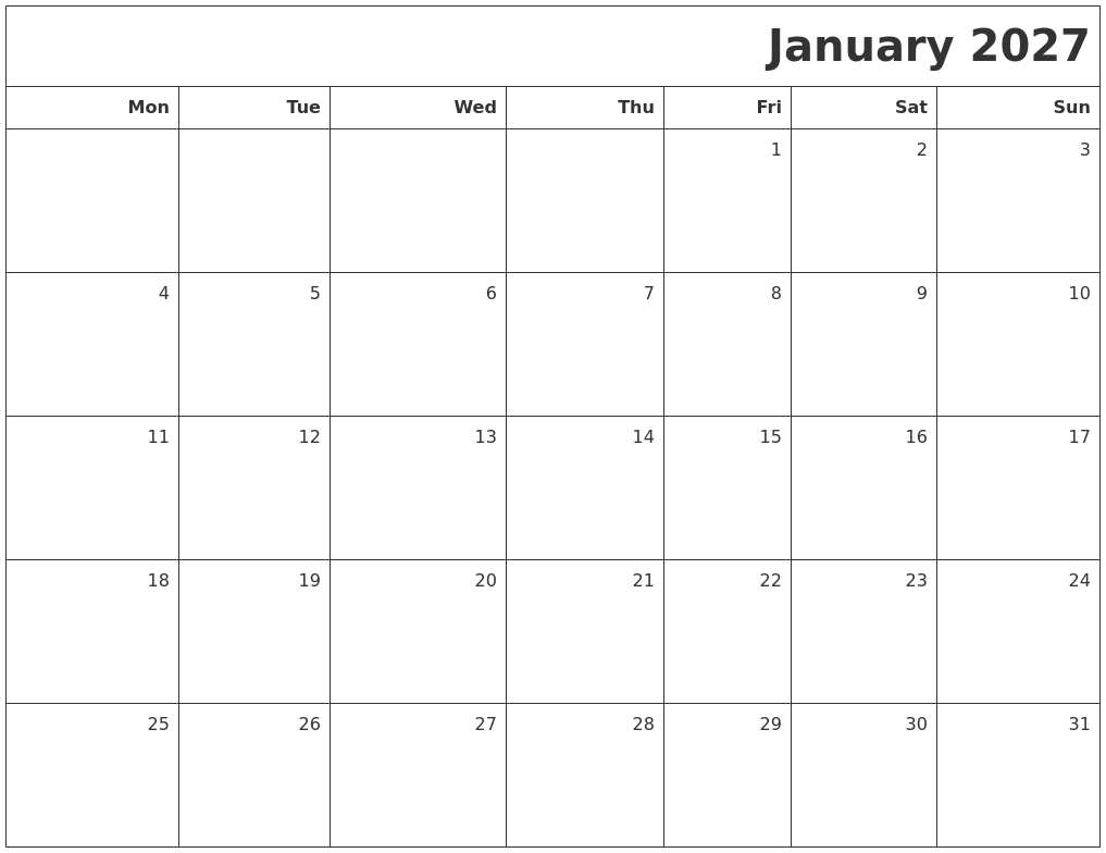 January 2027 Printable Blank Calendar January 2027 Printable Blank Calendar