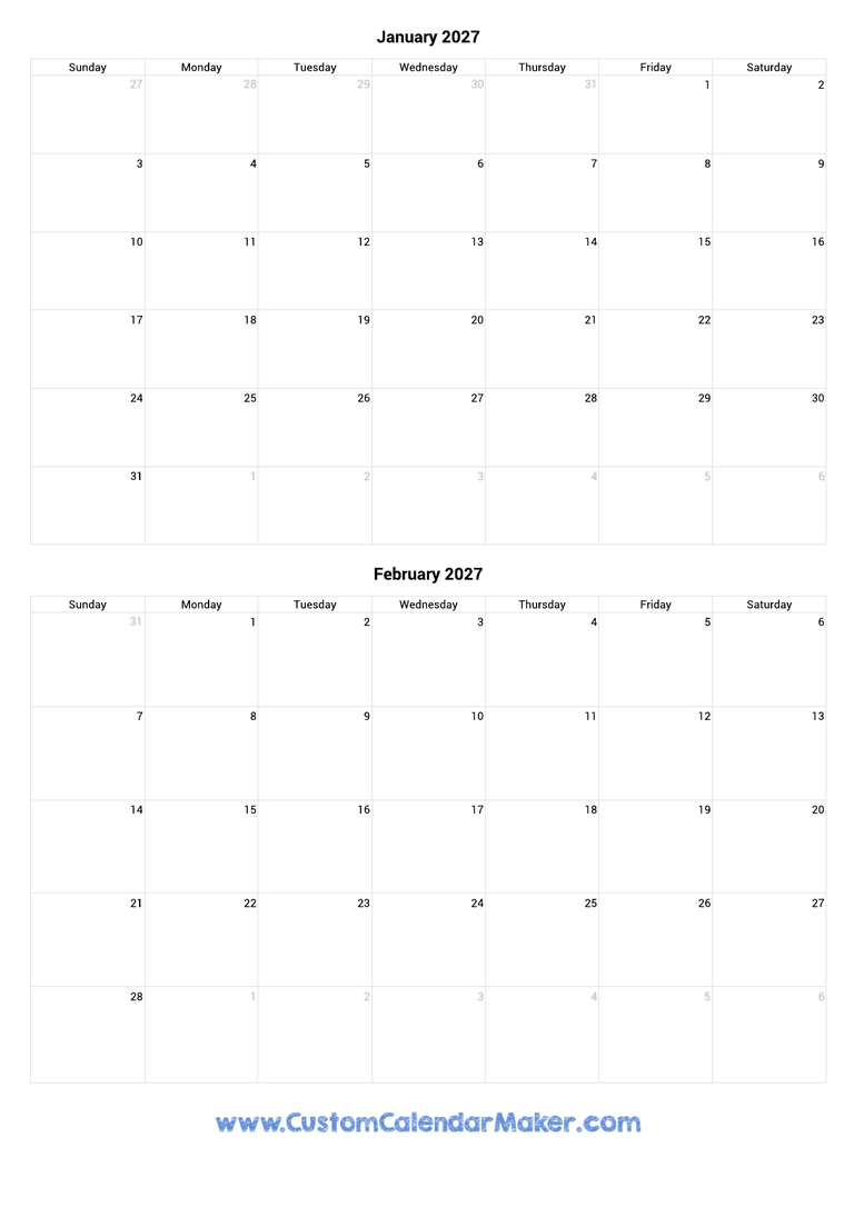 January And February 2027 Printable Calendar Template January And February 2027 Printable Calendar Template