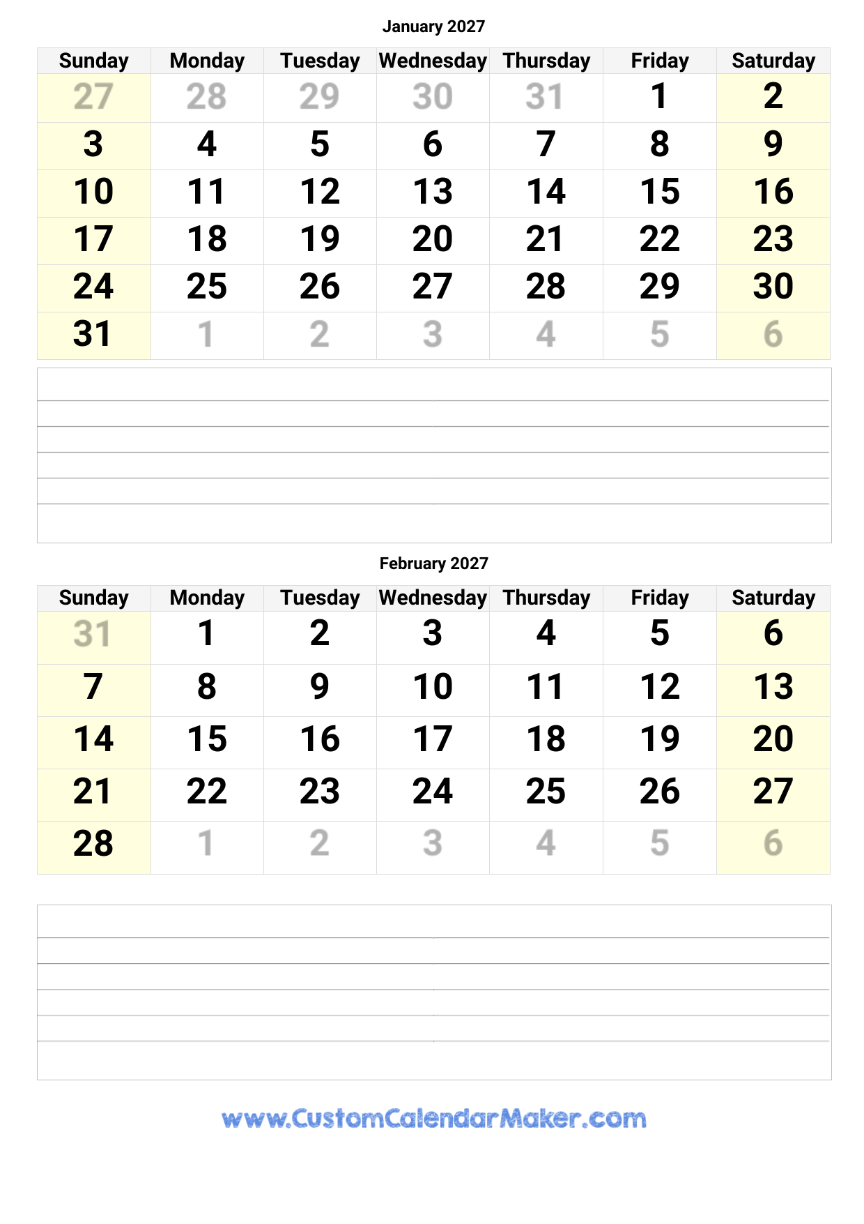 January And February 2027 Printable Calendar Template
