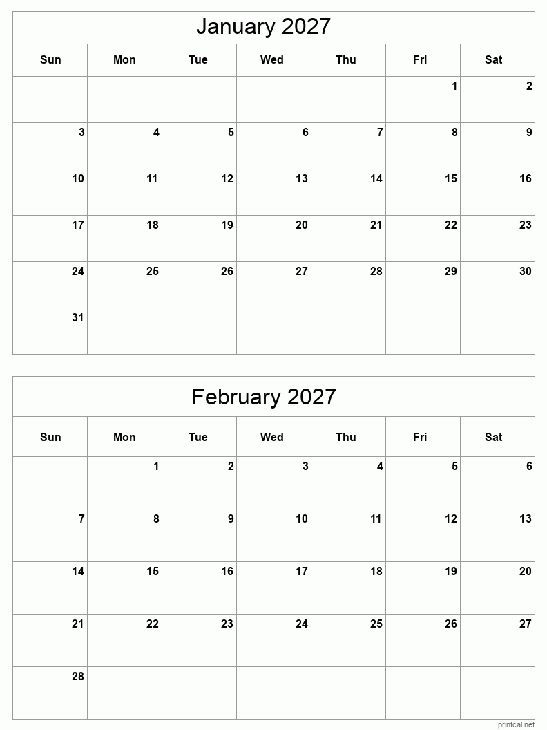 January To February 2027 Printable Calendar Two Months Per Page January To February 2027 Printable Calendar Two Months Per Page