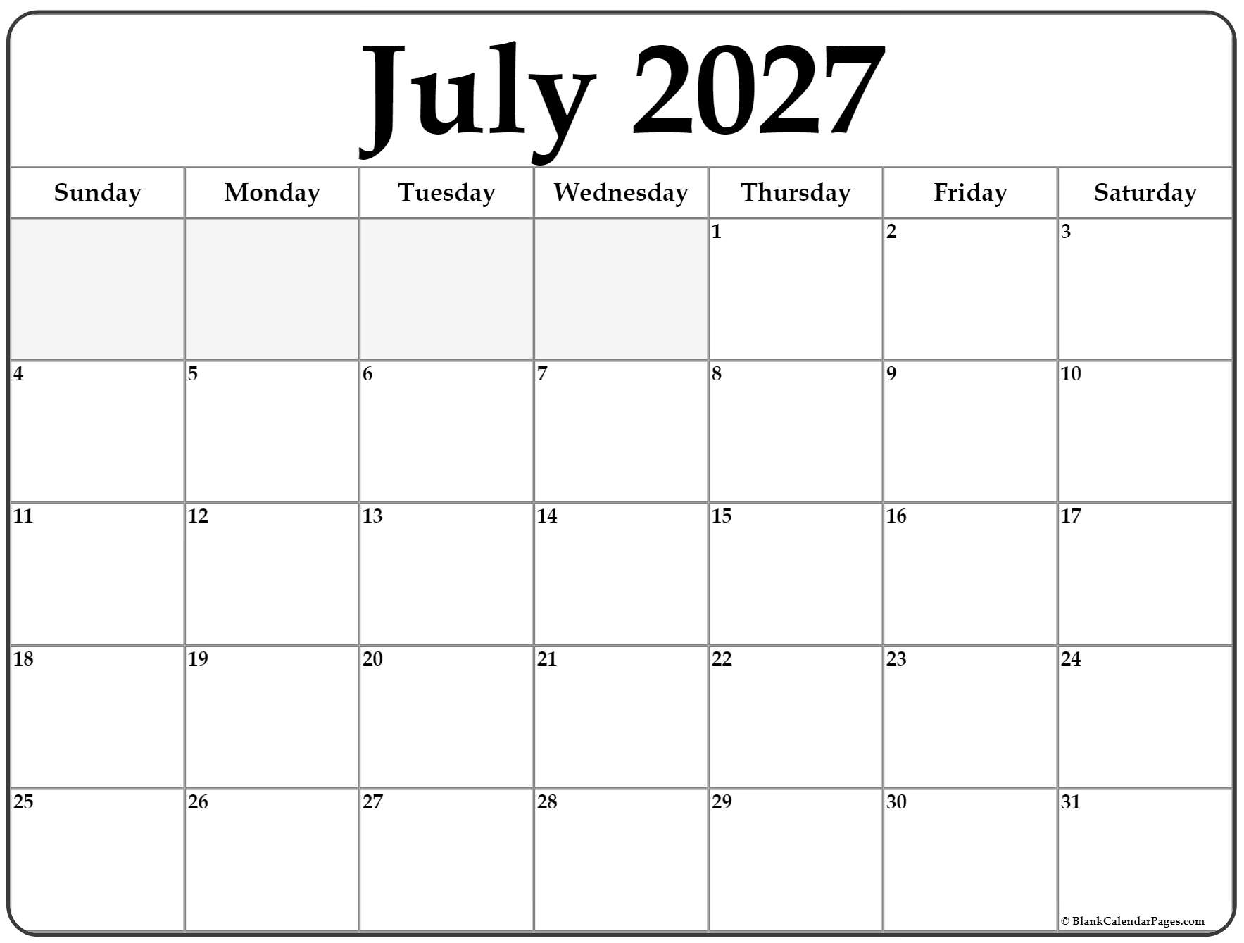 July 2027 Calendar Free Printable Calendars July 2027 Calendar Free Printable Calendars