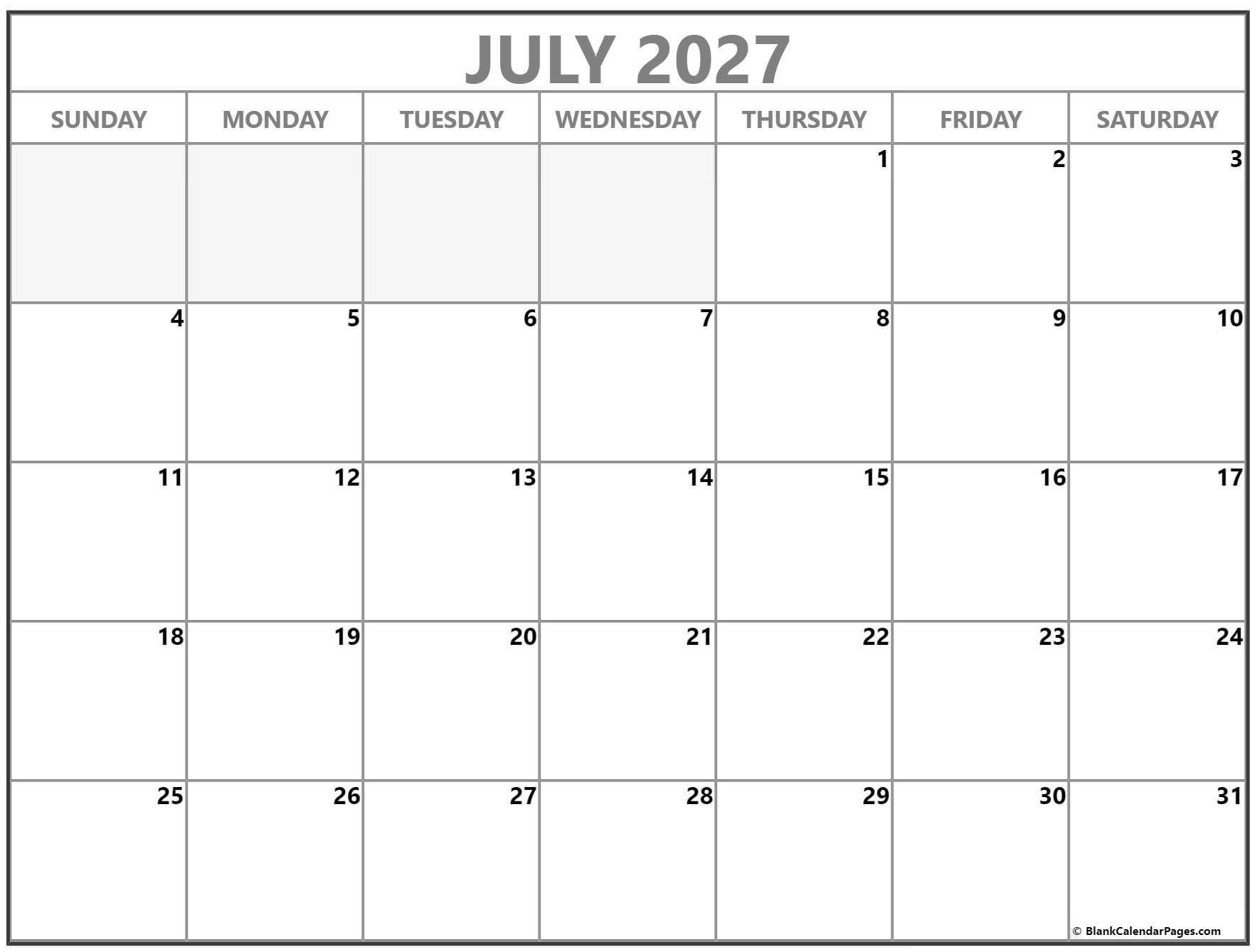 July 2027 Calendar Free Printable Calendars July 2027 Calendar Free Printable Calendars