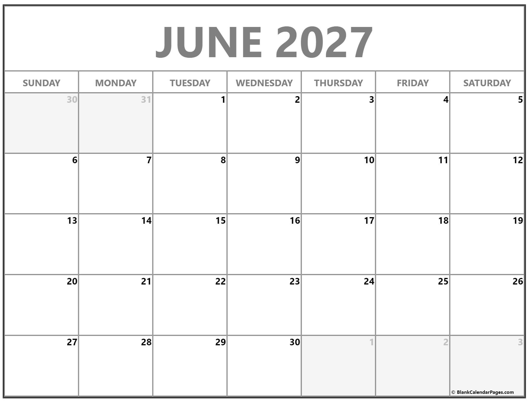 June 2027 Calendar Free Printable Calendars
