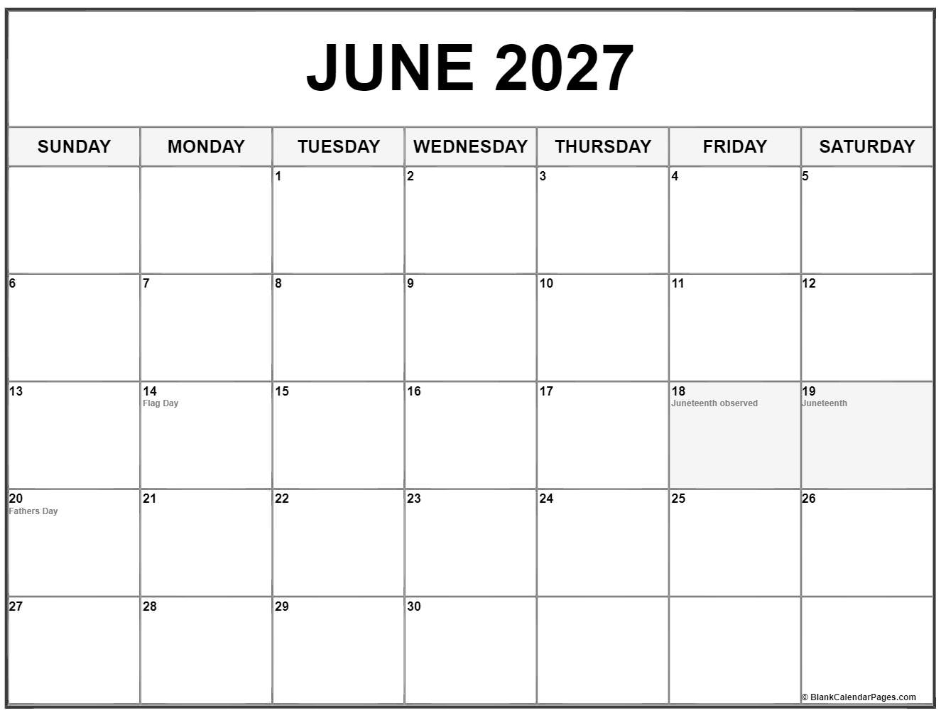 June 2027 With Holidays Calendar