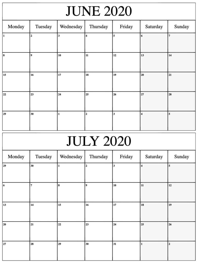 June July Calendar Printable
