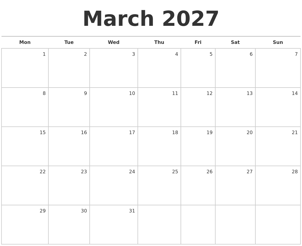 March 2027 Blank Monthly Calendar March 2027 Blank Monthly Calendar