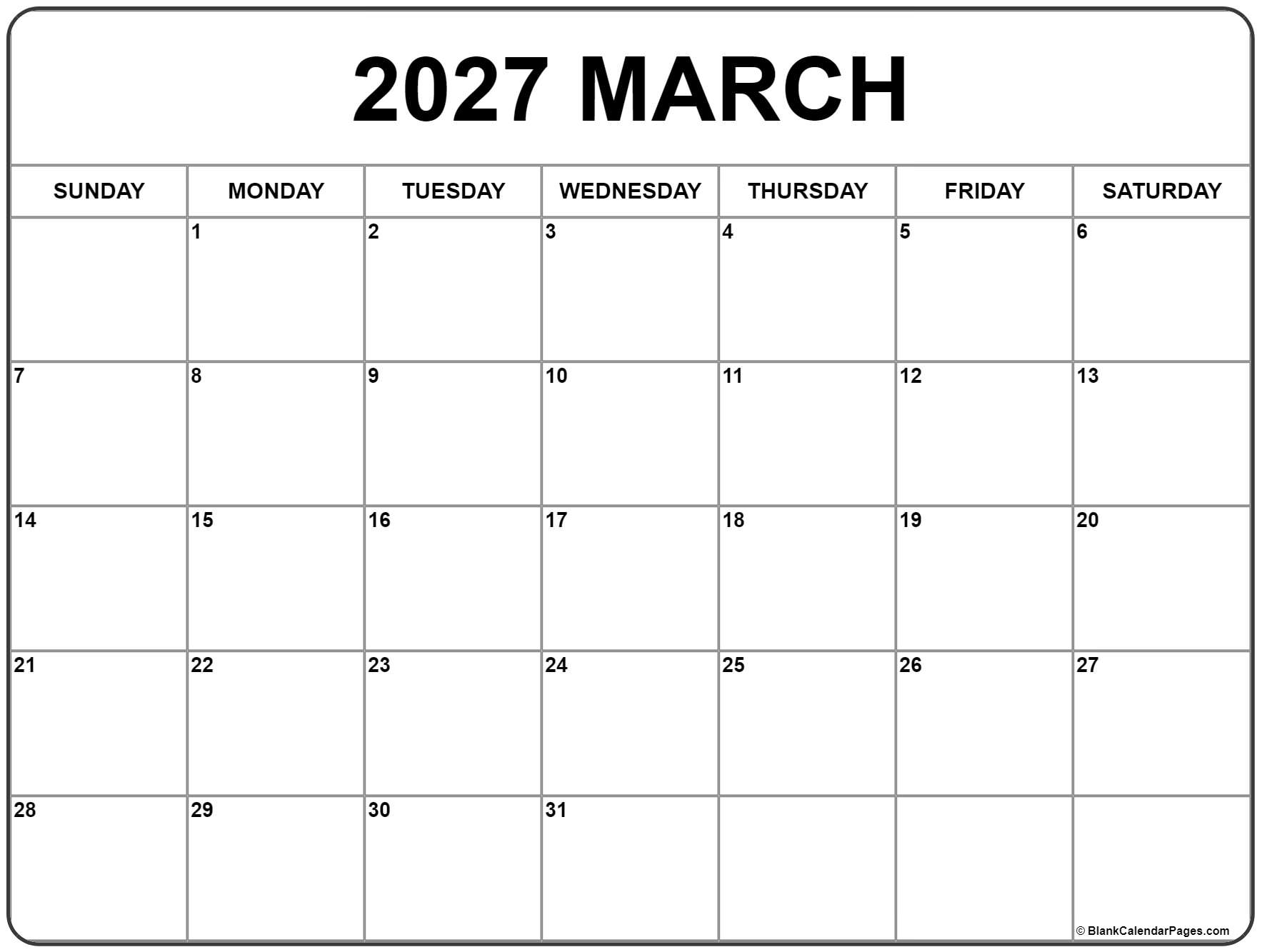 March 2027 Calendar Free Printable Calendars March 2027 Calendar Free Printable Calendars