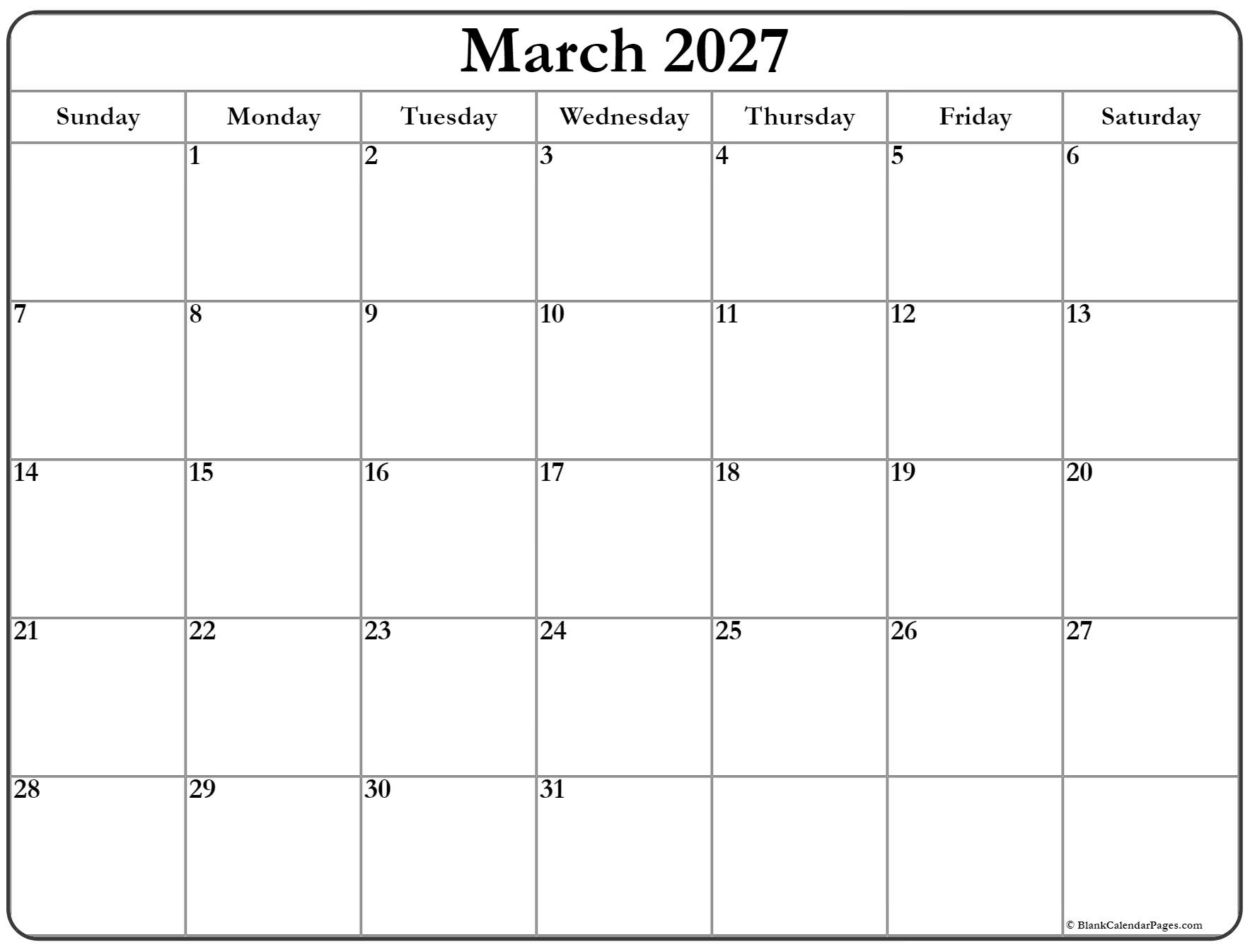 March 2027 Calendar Free Printable Calendars March 2027 Calendar Free Printable Calendars