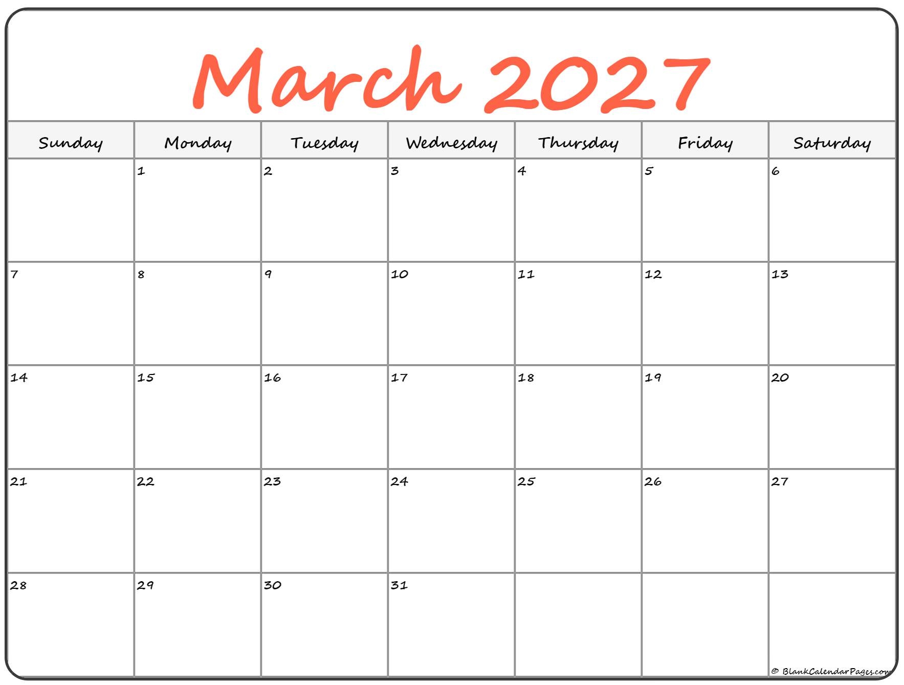 March 2027 Calendar Free Printable Calendars March 2027 Calendar Free Printable Calendars