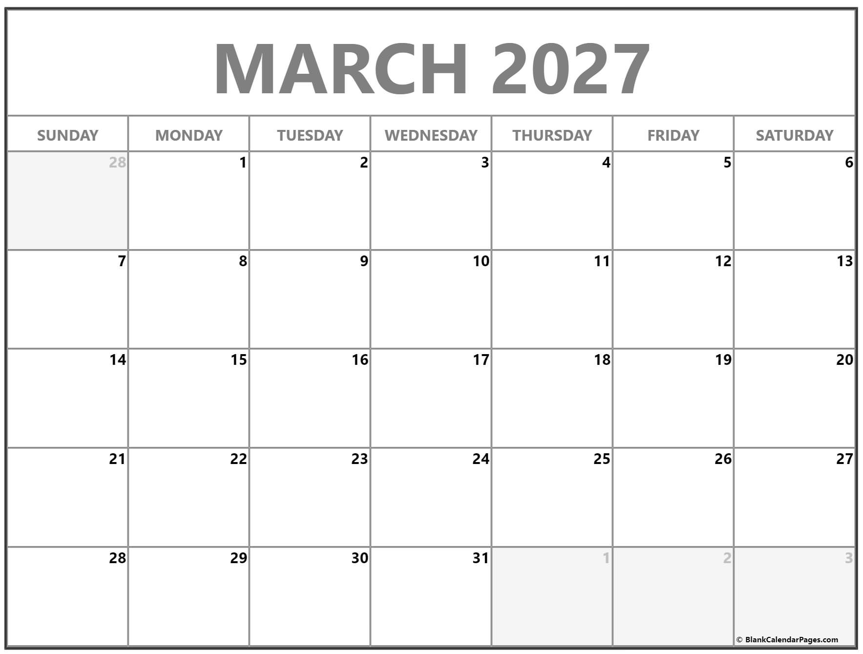 March 2027 Calendar Free Printable Calendars March 2027 Calendar Free Printable Calendars
