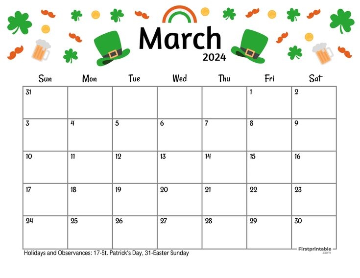 March Calendar With Shamrocks And Hats