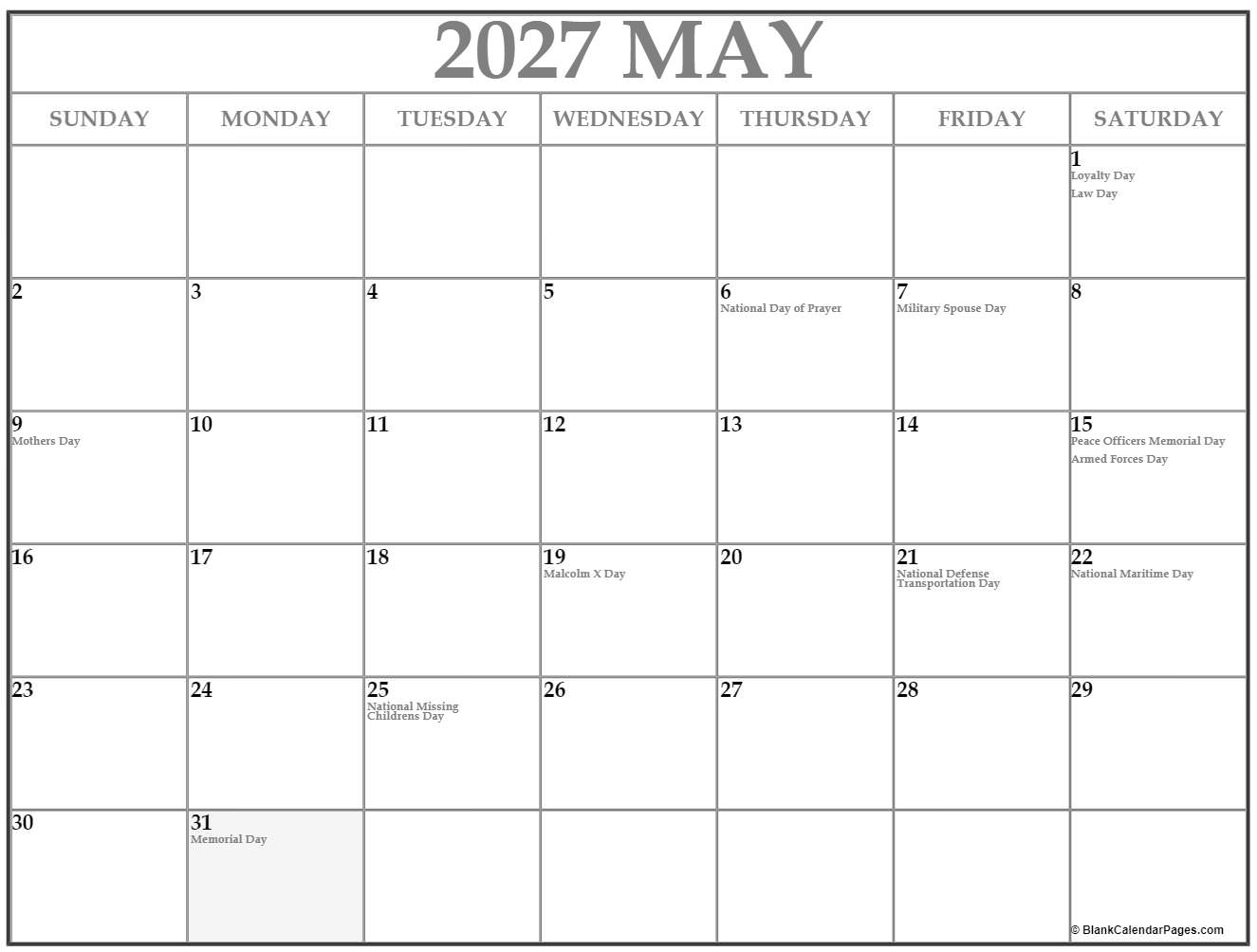 May 2027 With Holidays Calendar May 2027 With Holidays Calendar