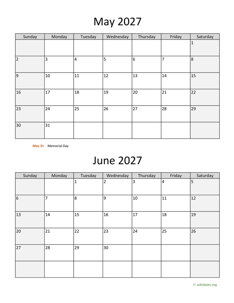 May And June 2027 Calendar Printable Free Printable Calendar