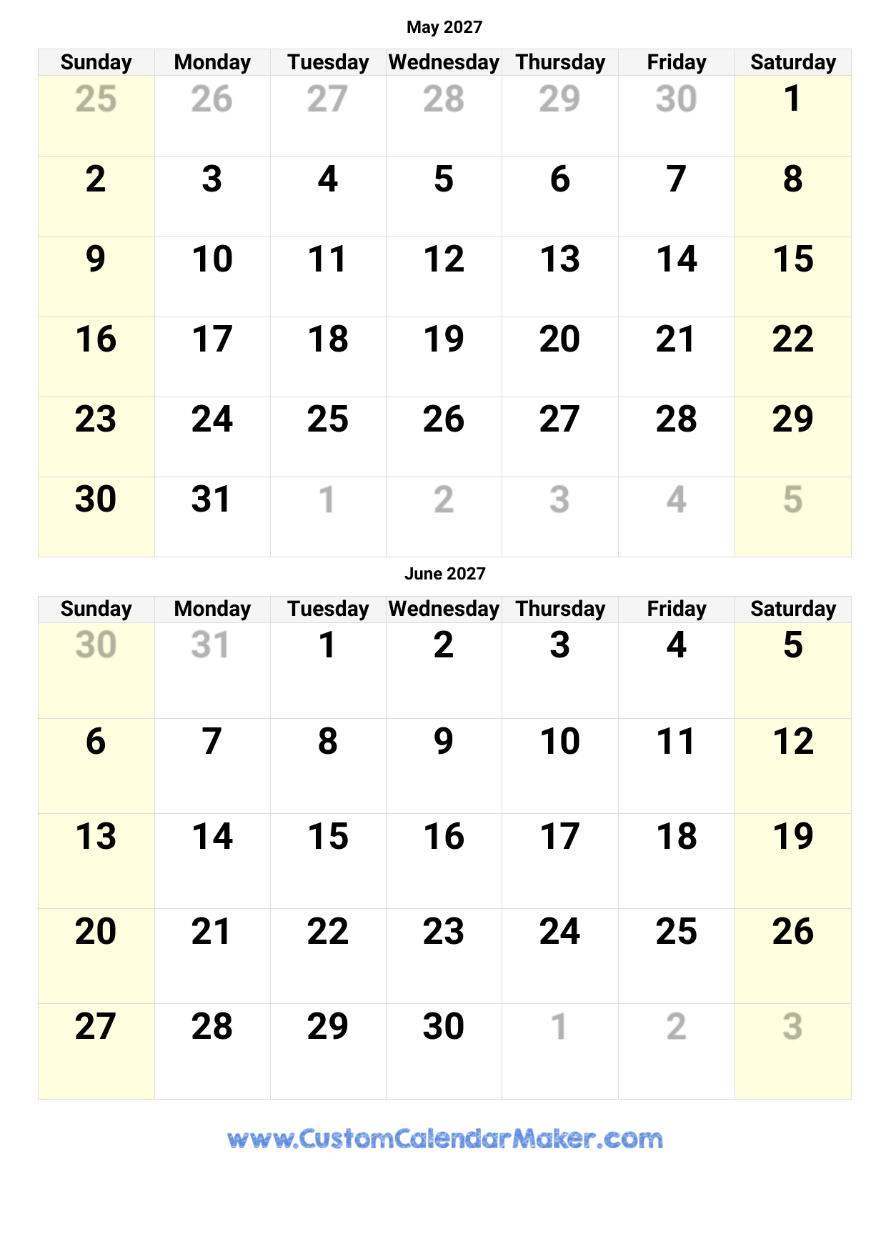 May And June 2027 Printable Calendar Template May And June 2027 Printable Calendar Template
