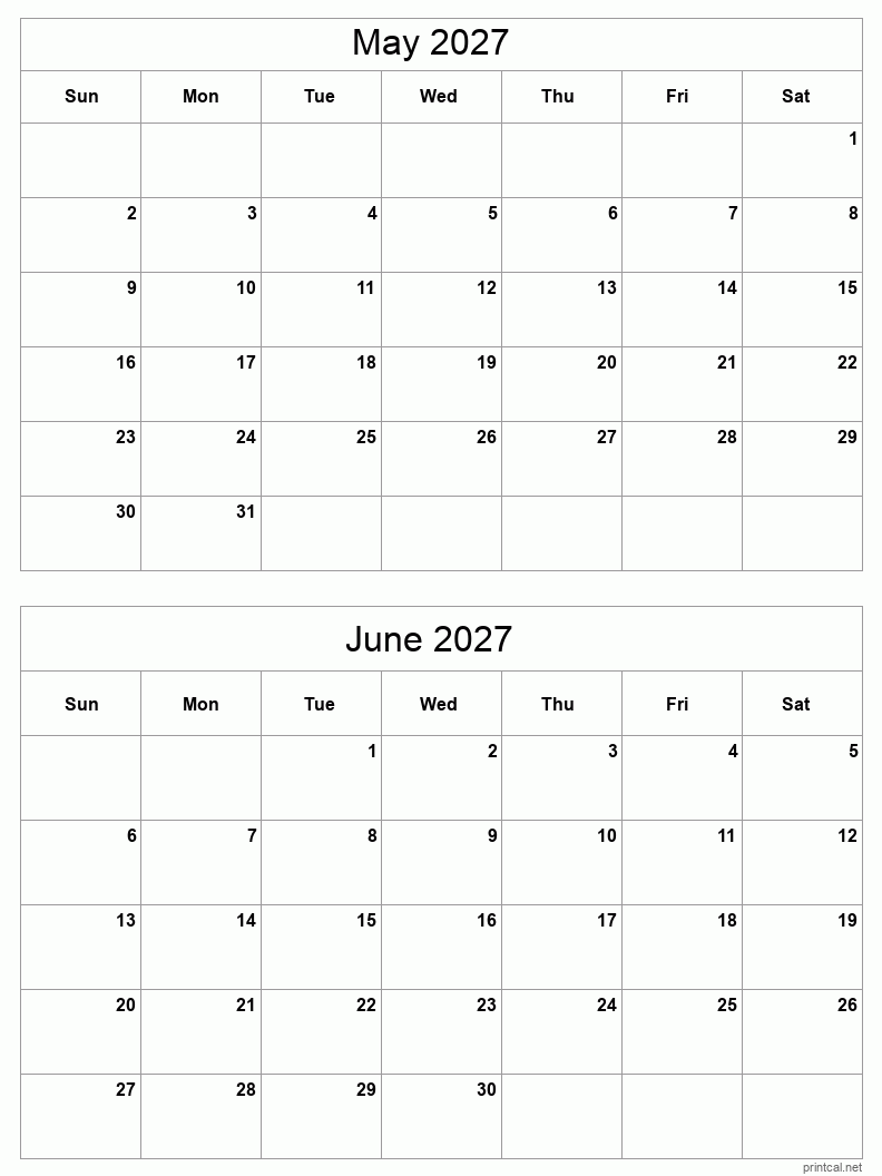 May To June 2027 Printable Calendar Two Months Per Page Printable May To June 2027 Printable Calendar Two Months Per Page Printable