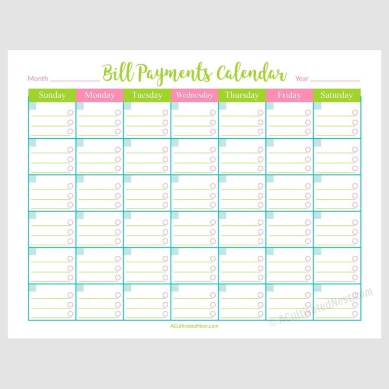 Monthly Bill Free Printable Bill Payment Calendar