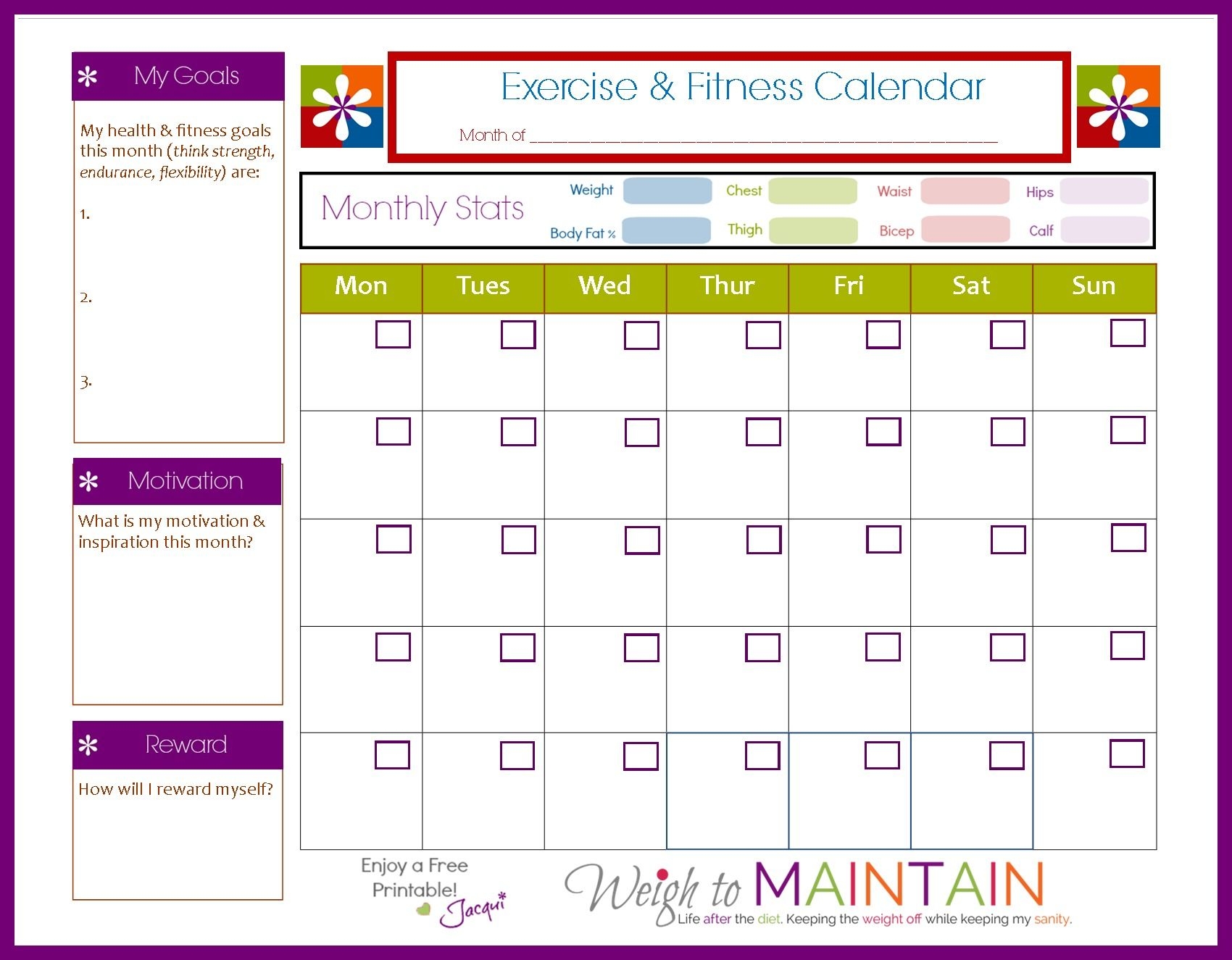 New And Improved Printable Fitness Calendar Weigh To Maintain New And Improved Printable Fitness Calendar Weigh To Maintain