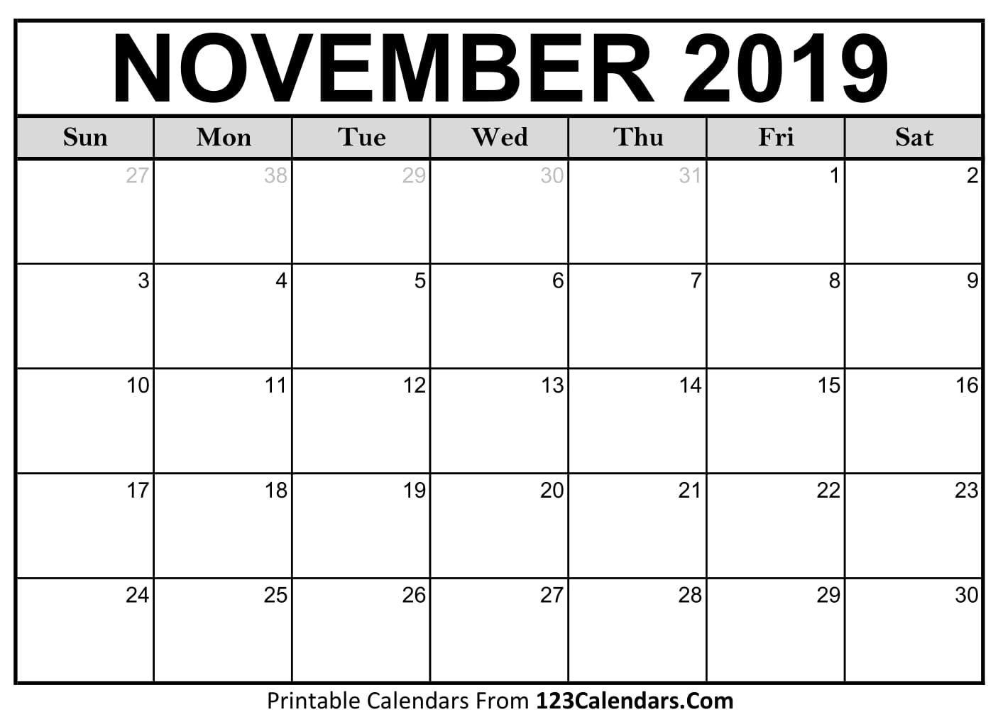 November 2019 Calendar Blank Easily Printable 123Calendars