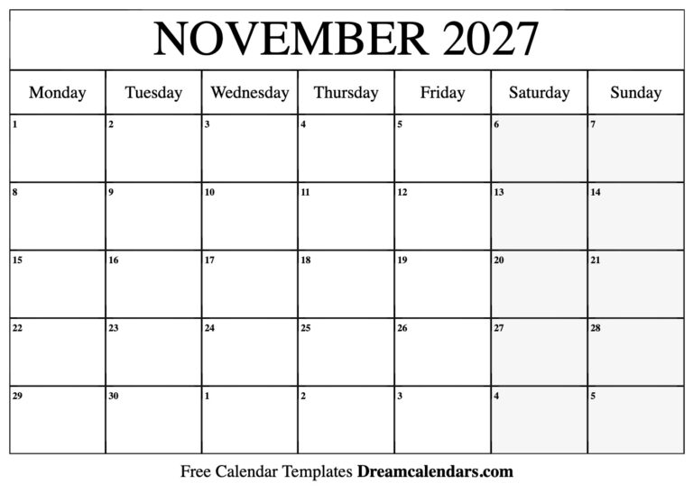 November 2027 Calendar Free Printable With Holidays And Observances