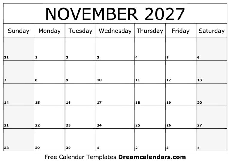 November 2027 Calendar Free Printable With Holidays And Observances
