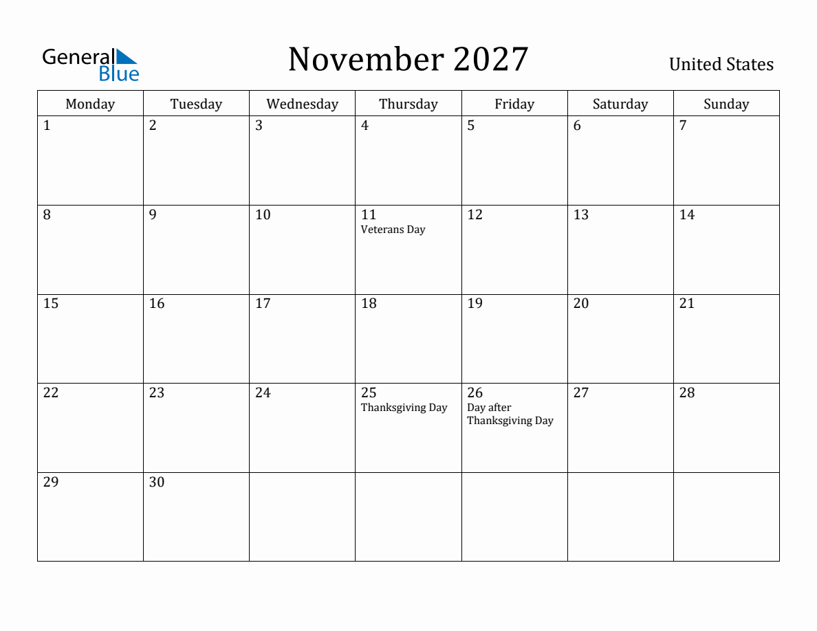 November 2027 United States Monthly Calendar With Holidays November 2027 United States Monthly Calendar With Holidays