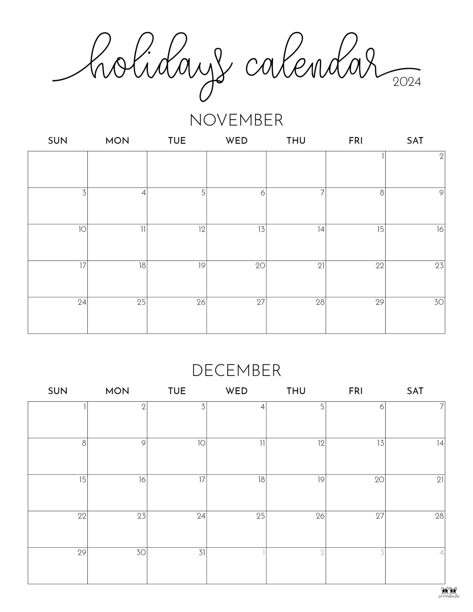 November December 2024 Calendars 28 Printables PrintaBulk November December 2024 Calendars 28 Printables PrintaBulk