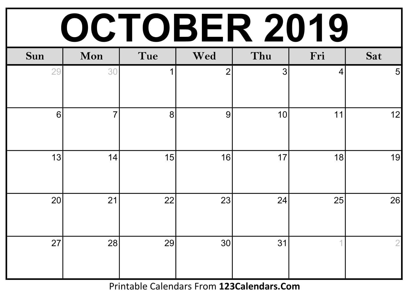 October 2019 Calendar Blank Easily Printable 123Calendars October 2019 Calendar Blank Easily Printable 123Calendars