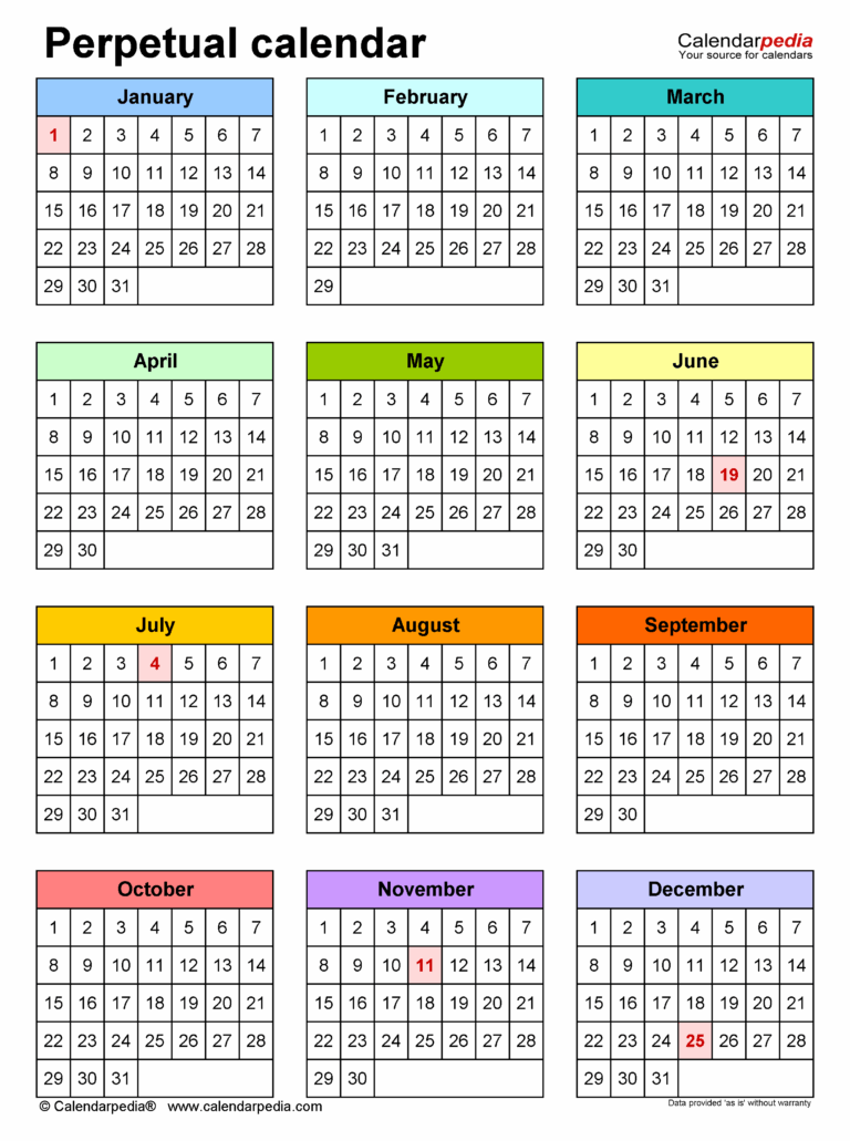 Perpetual Calendars Free Printable PDF Templates