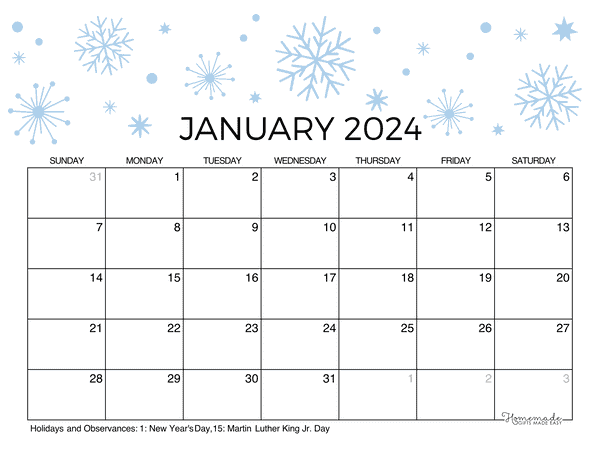 Printable Calendar January 2024 Homemade Gifts Made Easy Calendar 