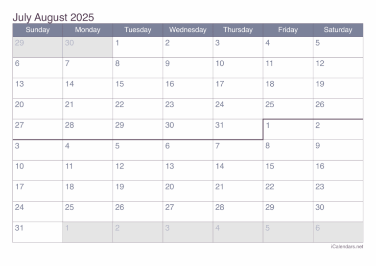 Printable Calendar July And August 2025 Printable Calendar