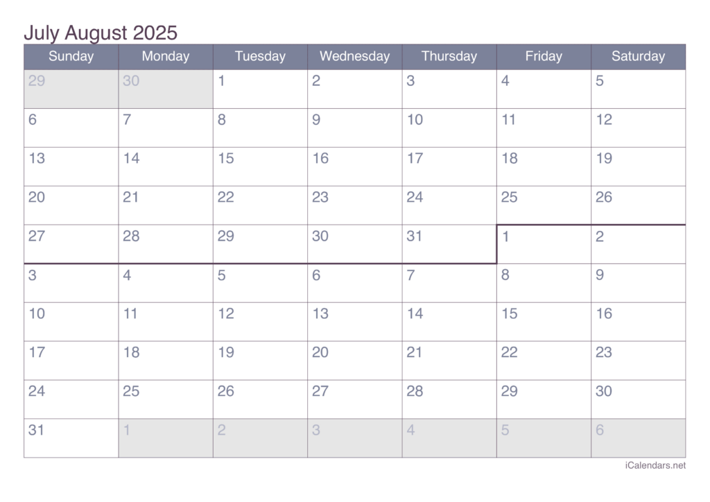 Printable Calendar July And August 2025 Printable Calendar