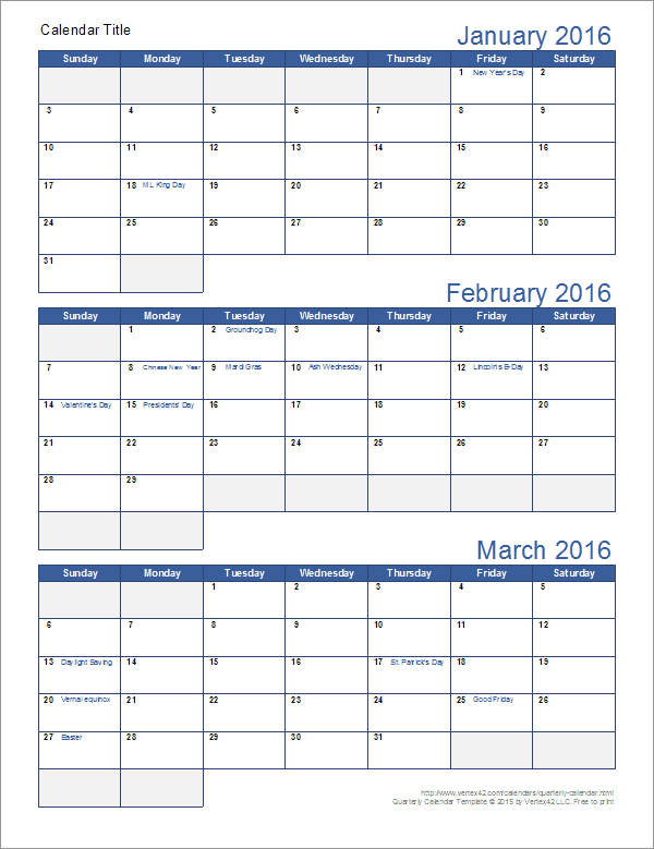 Printable Calendar Quarterly
