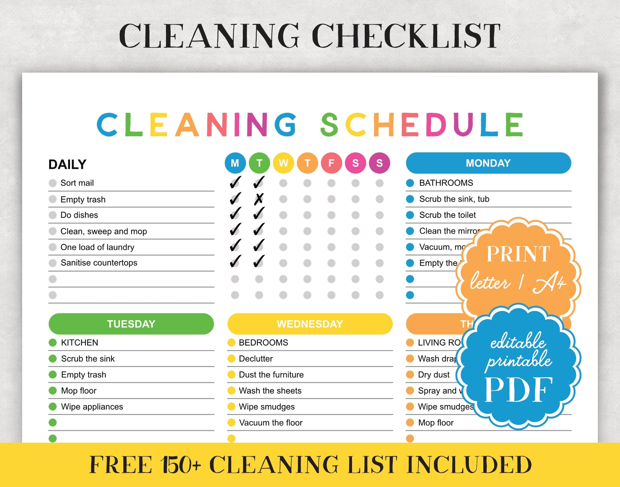 Printable Cleaning Schedule Checklist Editable Daily Weekly Monthly 