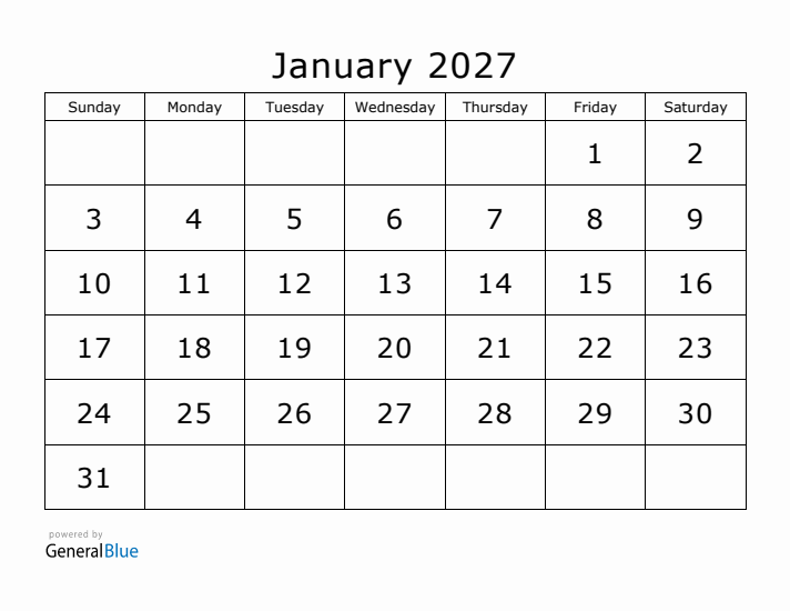 Printable January 2027 Calendar