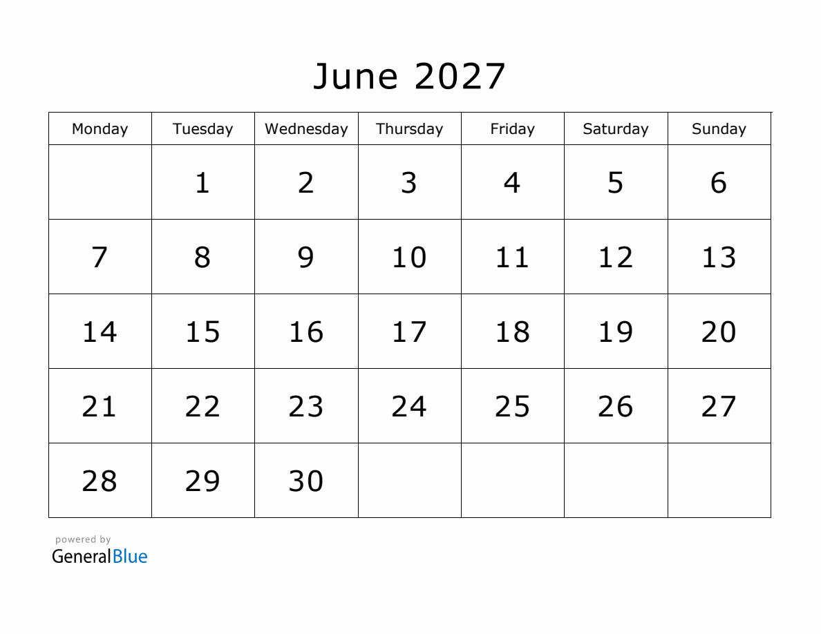 Printable June 2027 Calendar Printable June 2027 Calendar