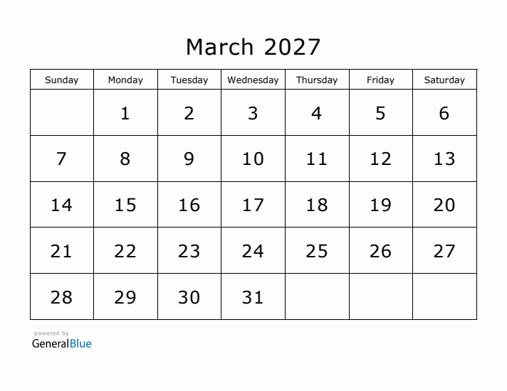 Printable March 2027 Calendar Printable March 2027 Calendar
