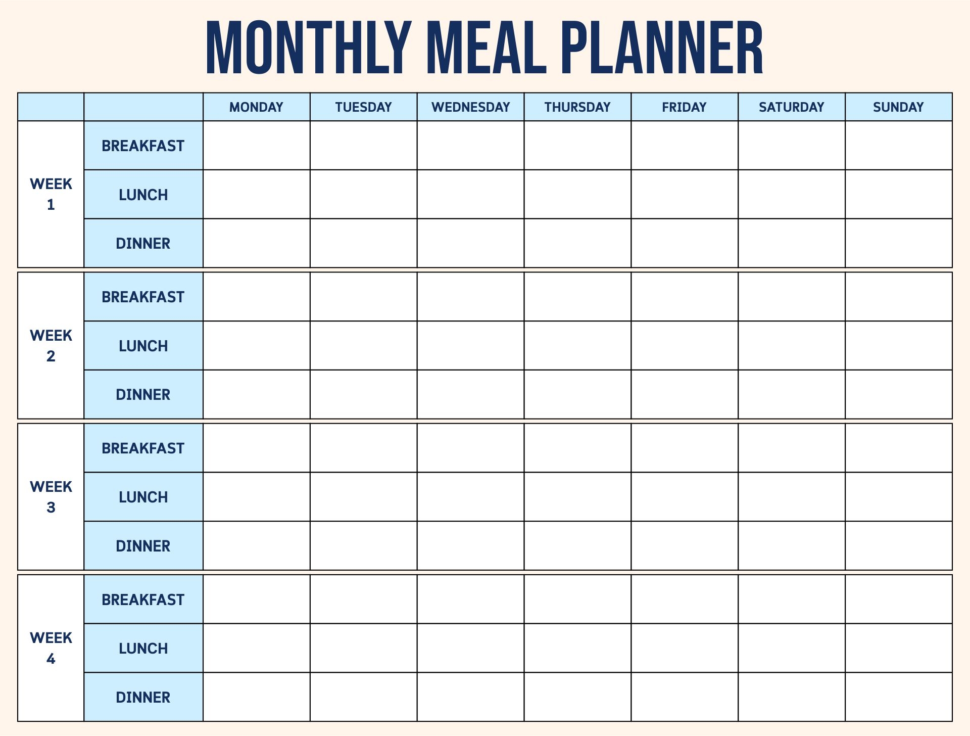 Printable Meal Plan Calendar
