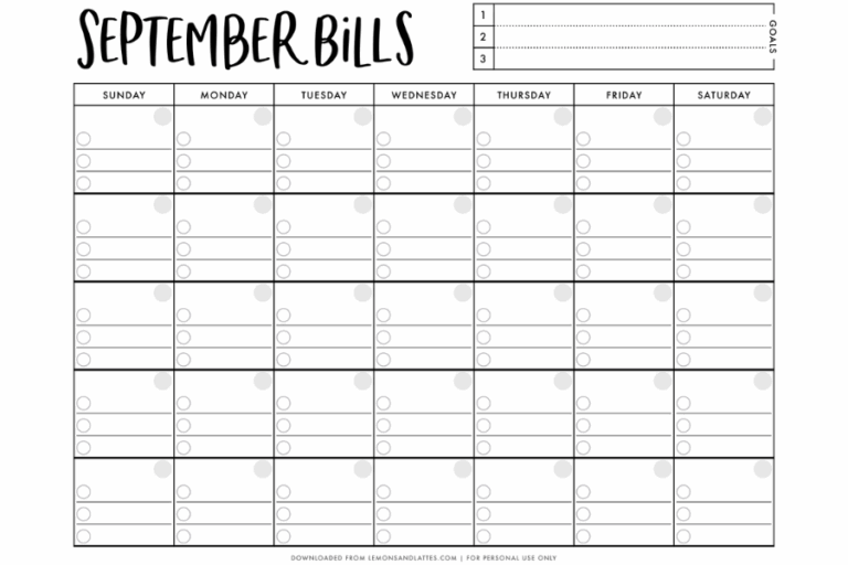 Printable Monthly Bill Calendar