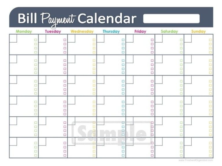 Printable Monthly Bill Calendar