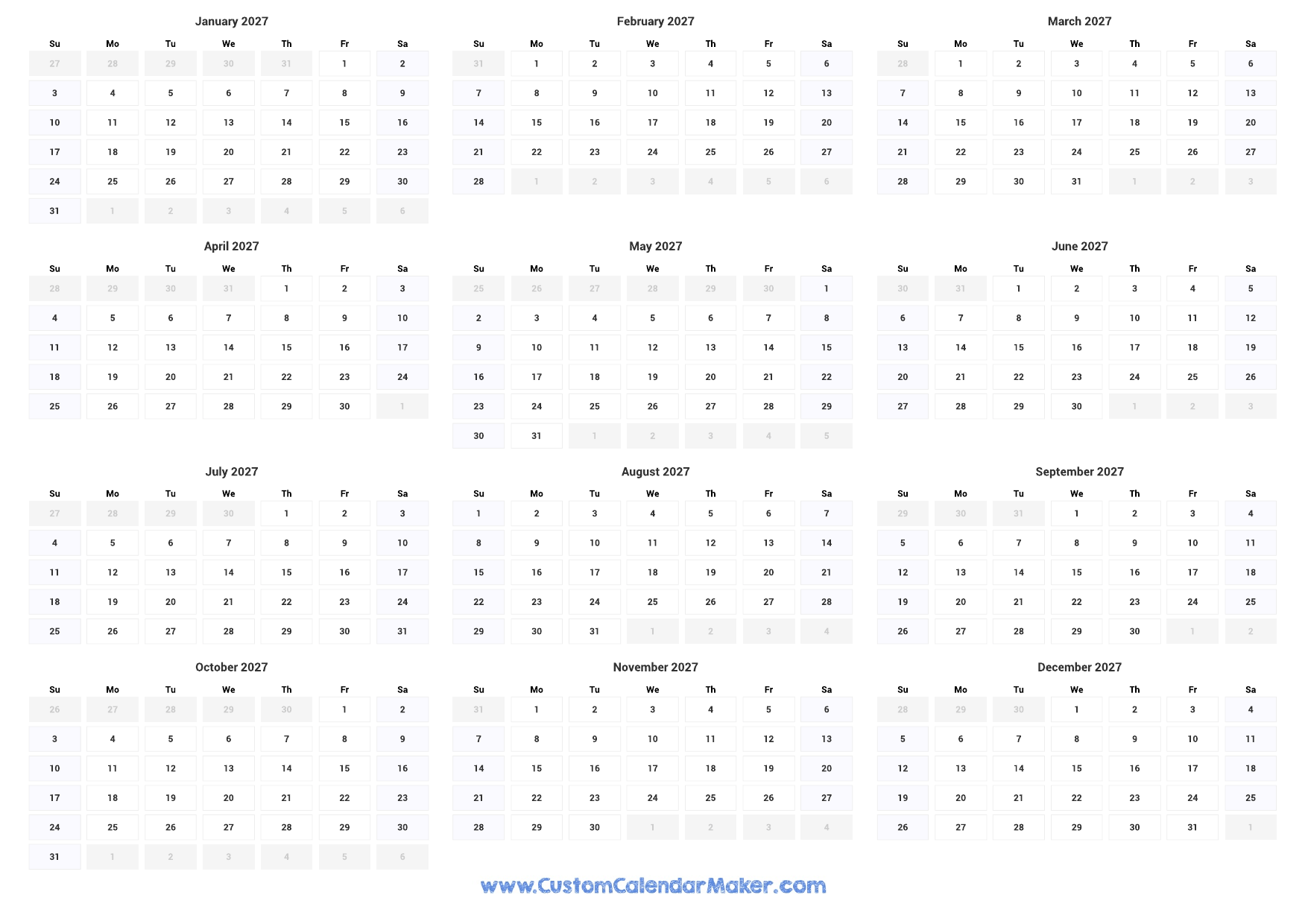 Printable Yearly Calendar 2027 Full Year At A Glance Custom Printable Yearly Calendar 2027 Full Year At A Glance Custom