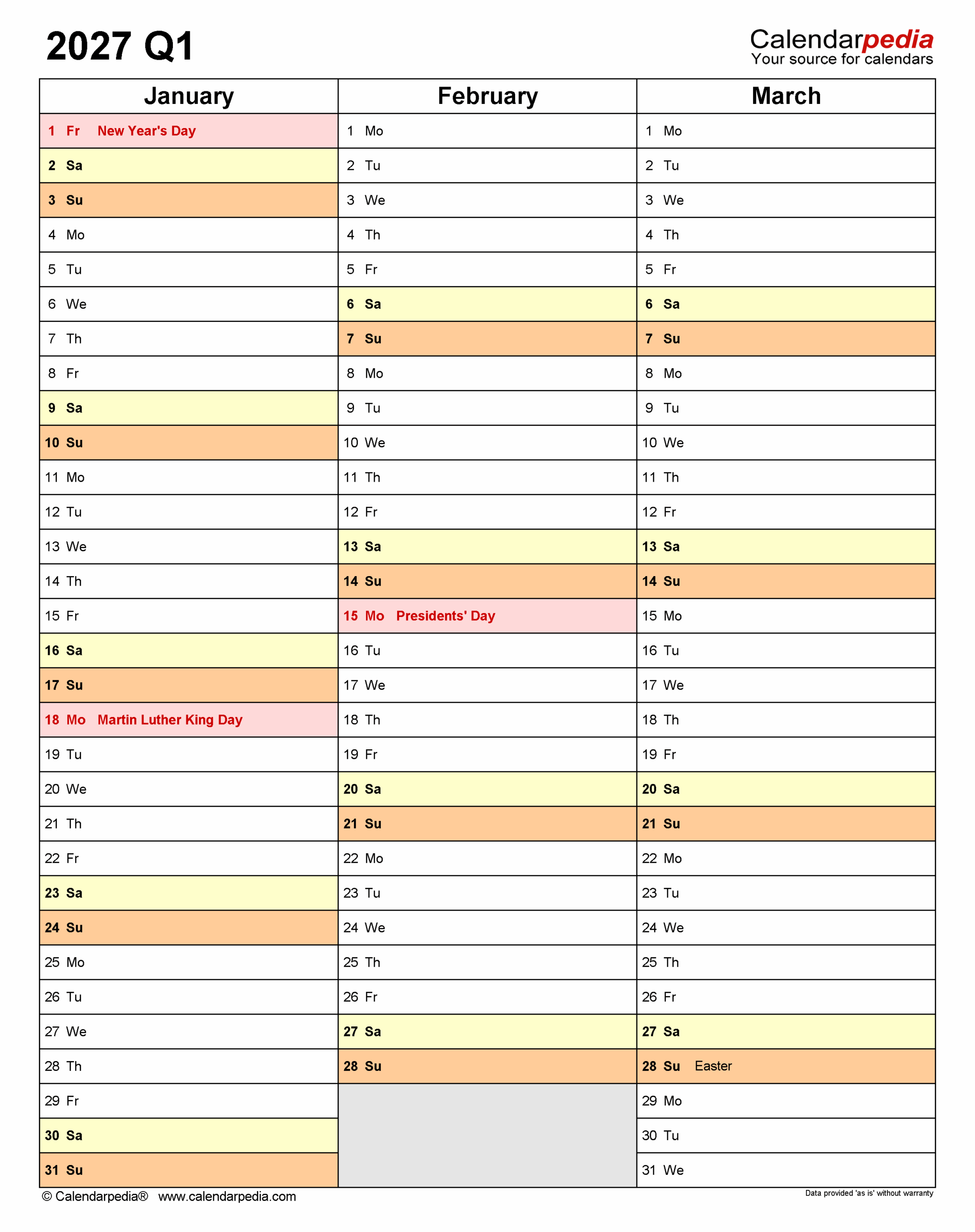 Quarterly Calendars 2027 Free Printable PDF Templates