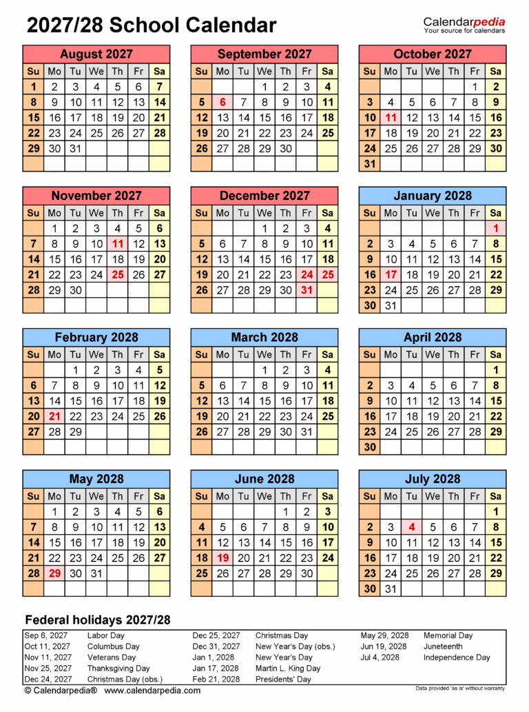 School Calendars 2027 2028 Free Printable PDF Templates