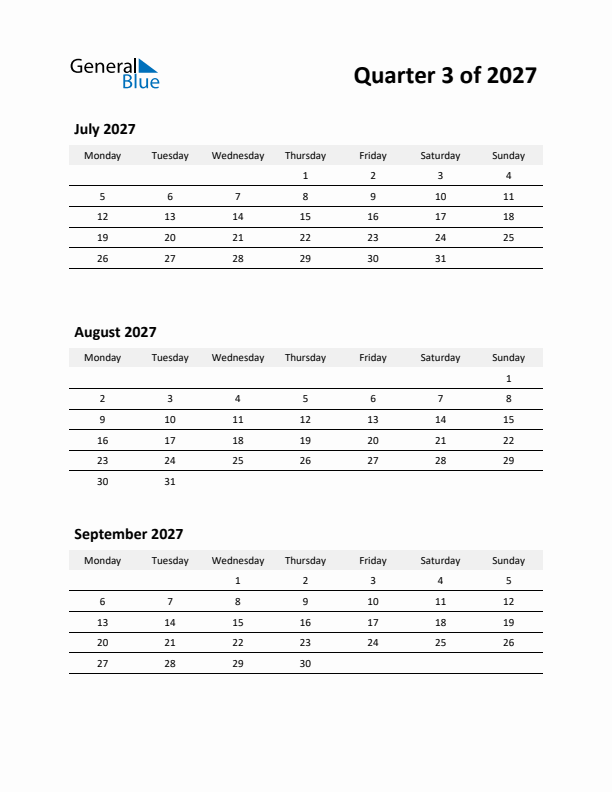 Three Month Calendar Template Q3 2027 Three Month Calendar Template Q3 2027